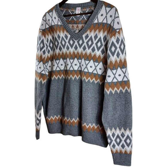 North Pole Men's XXL Gray Nordic V-Neck Fair Isle Heavyweight Heritage Sweater - Picture 3 of 9